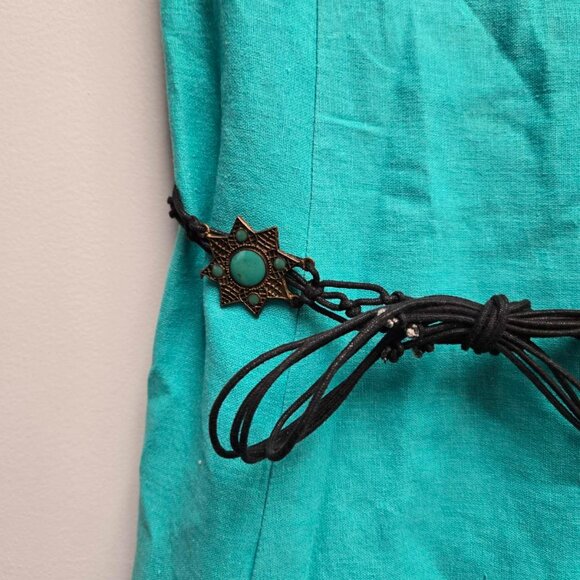 K Petite Teal Linen Blend Midi Dress Size 4P Sleeveless A-Line Blue Aztec Belt - Picture 3 of 12